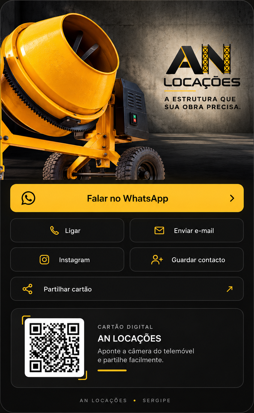 Cartão digital AN Locações com betoneira amarela, logótipo, contactos e QR Code.